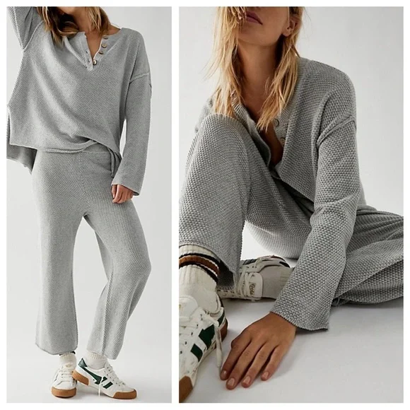 FREE PEOPLE Hailee Waffle Knit Wide Leg Relaxed Pull On Pants in Light Grey sz S - Picture 4 of 13